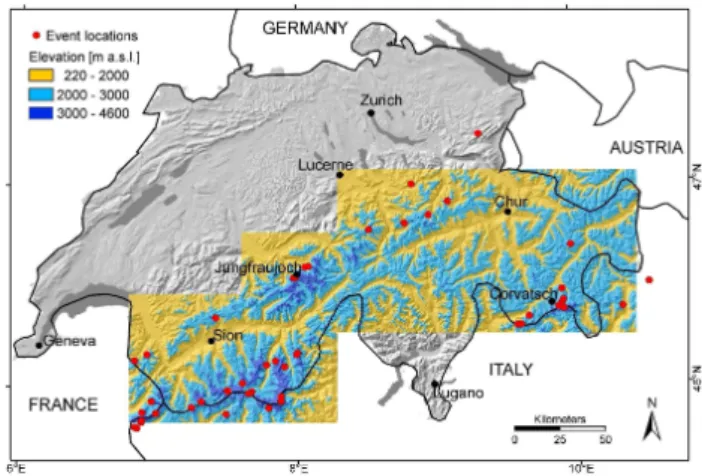 Fig. 2. Location of the recorded rockfall and rock avalanche events (red dots) and marked in blue the investigation area