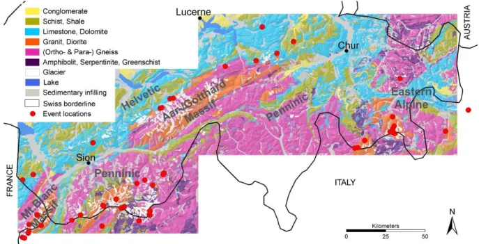Fig. 3. Simplified geological classification of the Central Alps derived from the Geotechnical Environmental Atlas of Switzerland V1/00 (© Swiss Geotechnical Commission; Geological basis data© Swiss Federal Office of Topography, Section Geological Survey)