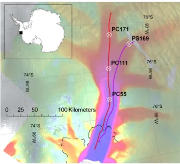 Fig. 1. Map of Pine Island Glacier. Flowlines in red and purple;
