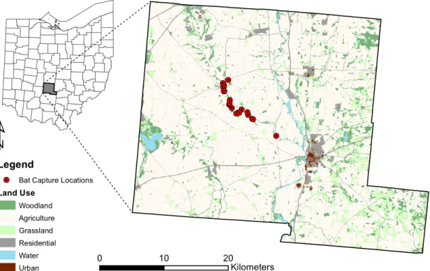 Figure 1. Indiana bat ( Myotis sodalis ) capture locations and landscape configuration in Pickaway County, Ohio, USA.