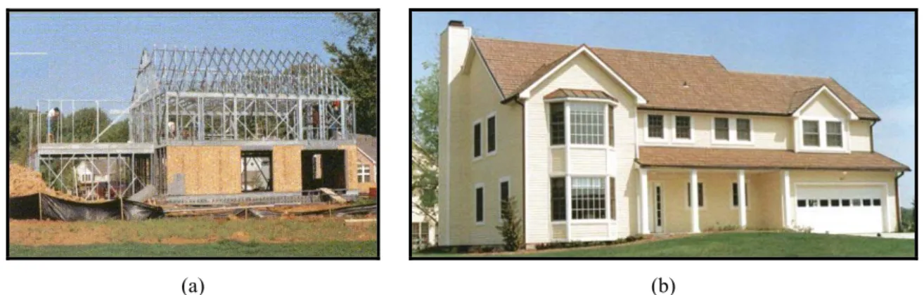 Figura 2.4 – Casa de conservação de Recursos em Maryland, Estados Unidos: (a) fase de  montagem; (b) obra concluída