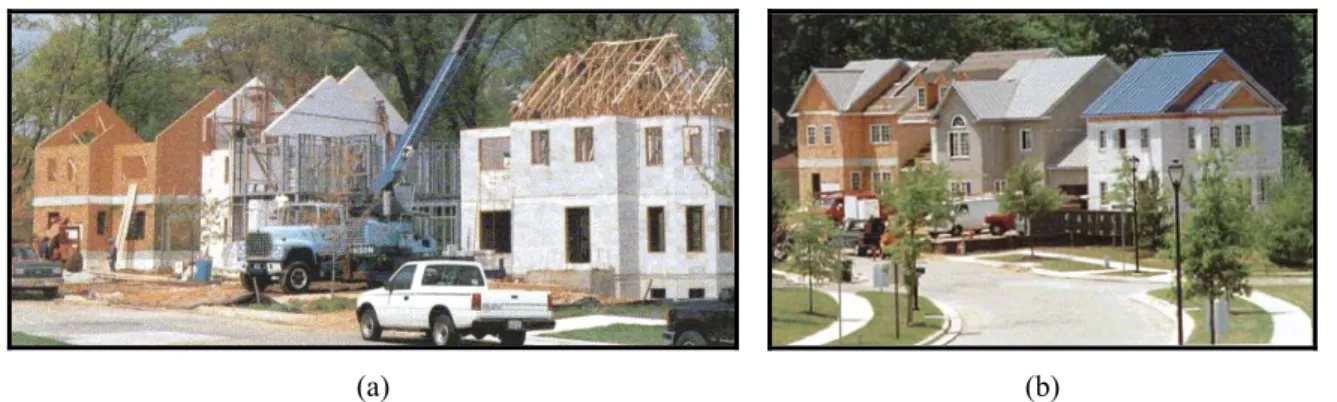 Figura 2.6 – Residência Urbana do Século 21, Maryland, EUA: (a) fase de montagem; (b)  obra concluída