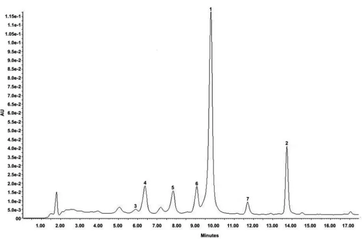 Figure 2. HPLC chromatogram of the Arrabidaea chica extract. Peak 1 (scutellarein) and peak 2 (apigenin).