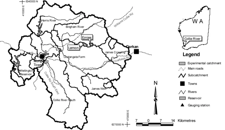 Fig. 1. Location of the experimental catchments (after Bari and Smettem, 2006).