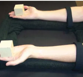 Fig 12. Blocks resting on participant's hands. In Condition 4, an experimenter slid the action block down the participant's arm to the Velcro strap