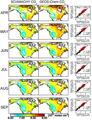 Fig. 1. Monthly mean SCIAMACHY (left) and GEOS-Chem (middle) CO 2 columns (10 21 molec cm − 2 ) over North America during April to September 2003 averaged over the GEOS-Chem 2 ◦ ×2.5 ◦ grid