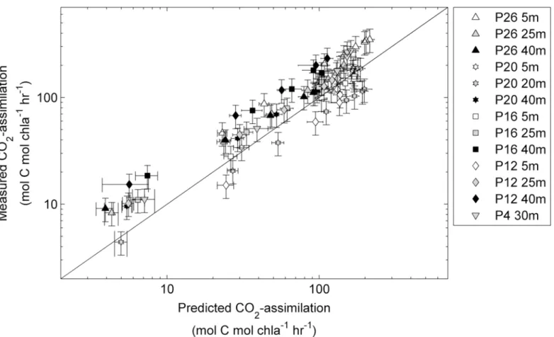 Fig 9. Rates of CO 2 -assimilation (mol C mol chl a -1 hr -1 ) derived from FRRF measurements plotted against rates measured by 14 C-assimilation experiments