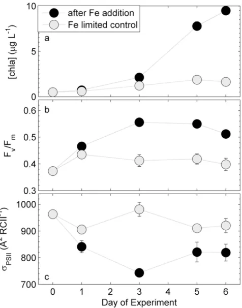 Fig 2. Response of chl a biomass and photophysiology during the on-board iron addition experiment.