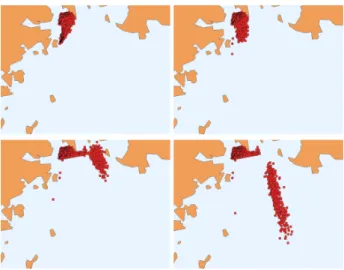 Fig. 7. First 24 h of the OD3D simulation with Skagerrak 1.5 km forcing (i.e. the oil 6, 12, 18, and 24 h after the accident)