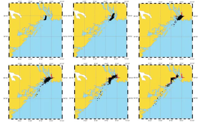 Fig. 9. Simulation of the “Full City” accident using the BSHdmod.L. The figure show the output 6, 12, 24, 36, 48, 60 h after the initial release of oil.