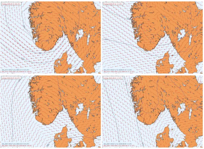 Fig. 2. The sea level pressure and the wind at the surface from met.no. The fields are from the operational HIRLAM model running with 8 km resolution