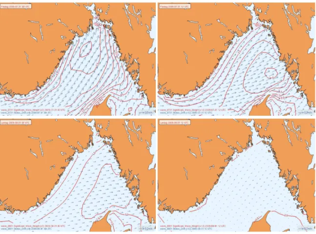 Fig. 3. Significant wave height (red contours) and Stokes drift velocity vector (blue arrows), from the model WAM4 km