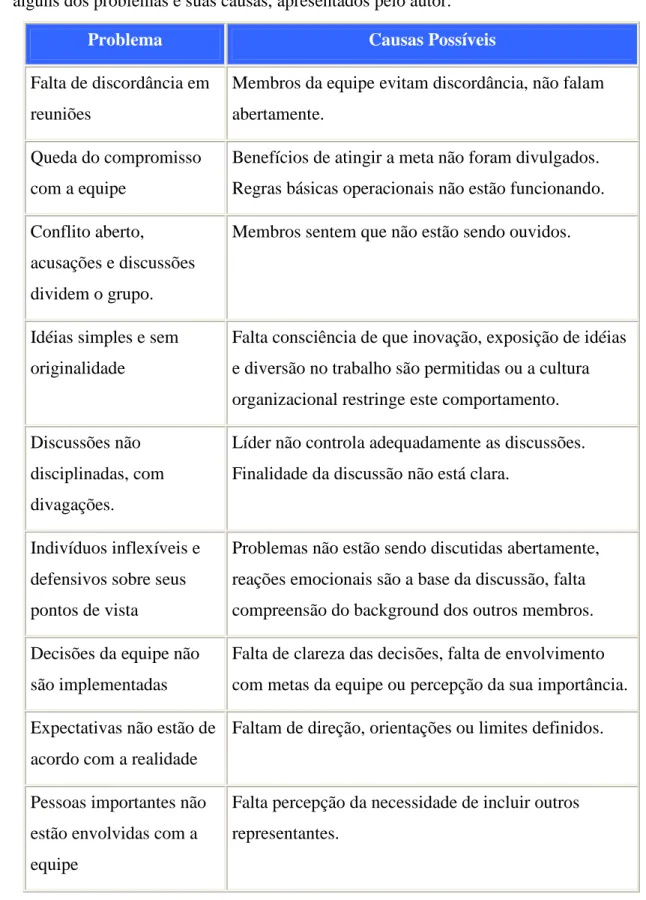 Tabela 1: Problemas de Equipe e Causas Possíveis 
