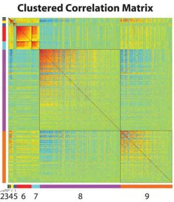 Figure 6. MMC analysis of data from the San Antonio Family Heart Study. Clustering of a set of 673 transcripts associated with HDL-C concentration; shown is the reordered matrix of pairwise correlations between transcriptional profiles
