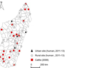 Fig 1. Cattle and human sampling sites [17]. Animal and human sera were analyzed using commercial ELISA kits (Biological Diagnostic Supplies Ltd., BDSL) to detect anti-RVFV immunoglobulin (Ig) G [17,22,23].