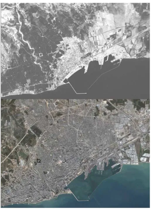 Fig. 6. Mersin in a Corona KH-4B space photo of 1968 and in a QuickBird-2 pan-sharpened image (colour composite RGB 3-2-1) of 2007: