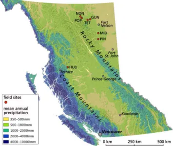 Figure 1. Overview of the field sites on a precipitation map of British Columbia. The field sites span a latitudinal range from 54 ◦ 45 ′ to 59 ◦ N and are located within or close to the Coast  Moun-tains and Rocky MounMoun-tains