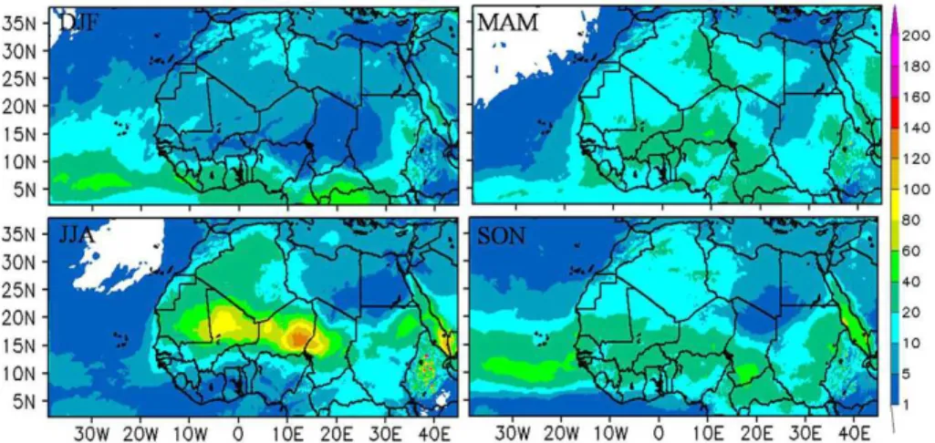 Figure 6. Seasonal mean wet deposition flux simulated by ALADIN (in g m −2 ) over North Africa averaged for the 2006–2010 period.