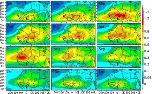 Figure 7. Monthly Aerosol Optical Thickness (AOT) simulated by ALADIN averaged over the 2006–2010 period.