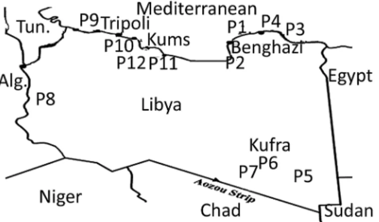 Fig 1. Libyan map showing the collection points Libyan Propolis samples P1 (Alagoria), P2 (Gaminis), P3 (Byda), P4 (Quba), P5,P6, P7 (Kufra), P8(Ghadames), P9 (Tripoli), P10 (Khasr Khiar), P11, P12 (Khumas).