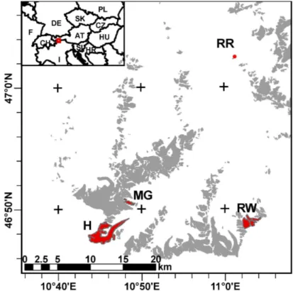 Fig. 1. The study area: Glaciers in the ¨ Otztal and Stubai Alps (grey) with three reference glaciers (H: Hintereisferner, MG: Mittlerer Guslarferner, RW: Rotmoos- und Wasserfallferner) and one rock glacier (red, RR: Reichenkar rock glacier) to demonstrate