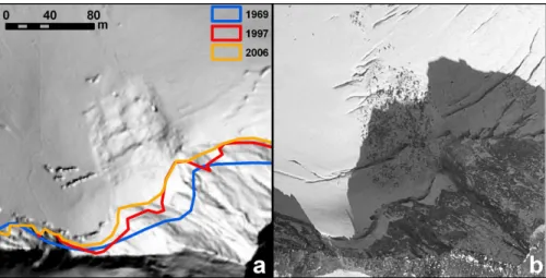 Fig. 5. Ambiguous glacier boundary at Rotmoosferner’s firn area displayed as a hillshade of the 2006 DEM (azimuth angle: 315 ◦ ) with glacier margins of 1996 (black, dashed), 1997 (orange, dots) and 2006 (yellow, solid) (a)