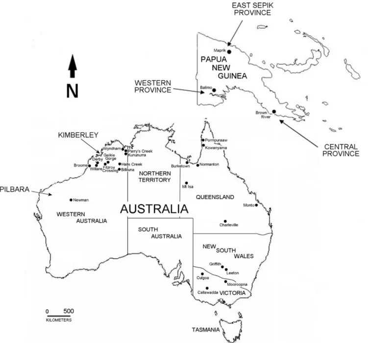 Fig 1. Map of Australia and Papua New Guinea showing the geographic origins of the MVEV strains used in this study