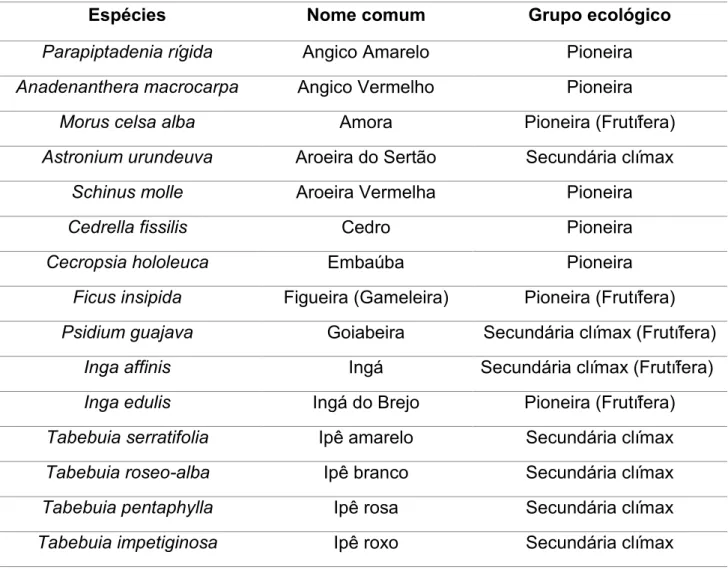 Tabela 3: Espécies que foram recomendadas para plantio na região da Fazenda  Malícia pelo Programa de Reflorestamento Ciliar e o grupo ecológico de cada  espécie