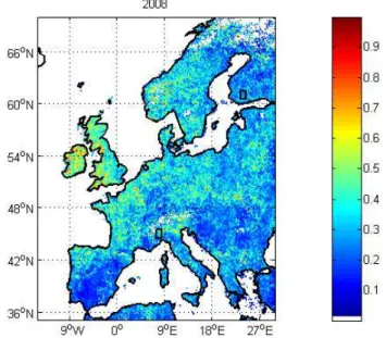 Fig. 11. AOD at 555 nm over Europe, as an aggregate of the in- in-dividual data for the whole year 2008