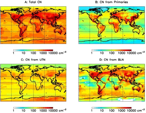 Fig. 12. Ground level total particle (above 3 nm in diameter) average concentrations of (a) all particles (sum of panels b, c and d); (b) primary particles; (c) nucleated particles entrained from upper troposphere; (d) particles nucleated in the boundary l