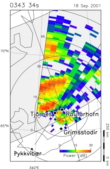 Fig. 1. A map showing the vicinity of Iceland and southeast- southeast-ern Greenland, indicating the location of the Pykkvibær radar and the three all-sky camera sites