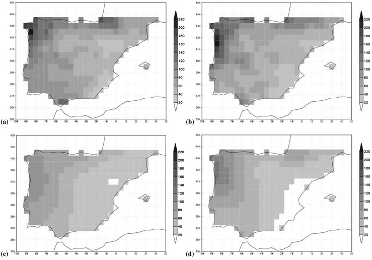 Fig. 1. Winter spatial distributions of monthly mean precipitation fields (mm) of: (a) IPD; (b) HIPOCAS; (c) NCEP and (d) ERA.