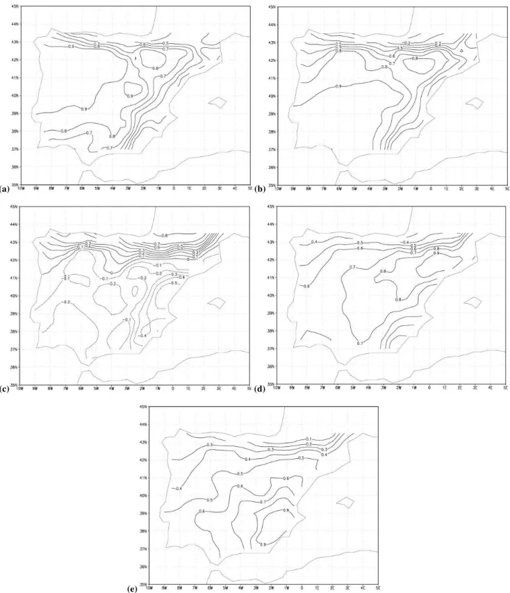 Fig. 3. Patterns of the selected Varimax rotated PCs corresponding to the HIPOCAS precipitation field: (a) first to (e) five.