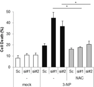 Figure 5. Loss of Cpn10 potentiates 3-NP-mediated cell death in SK-N-MC cells. (A) SK/mito-YFP cells were transfected with scrambled siRNA (Sc) or Cpn10 siRNA (si#1, si#2)