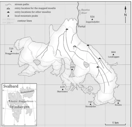 Figure 2. Location map of Austre Brøggerbreen. Contour lines are based on a 1990 elevation data set, with the glacier area according König et al