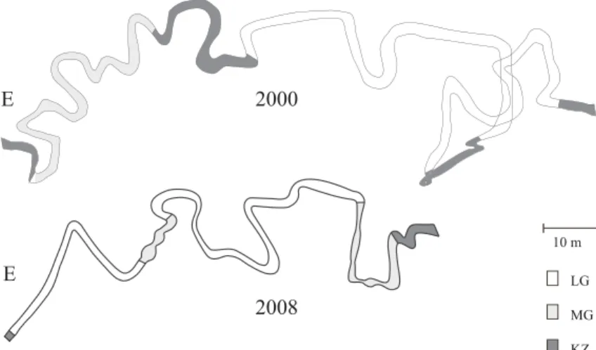 Figure 6. Schematics of englacial channel planform for 2000 and 2008, shaded to indicate the proportions of the channel classed as low gradient (LG), medium gradient (MG), and knickzone (KZ)