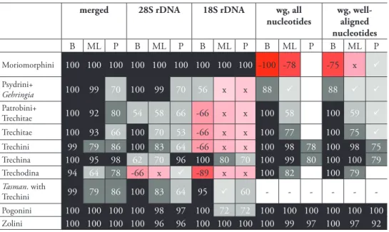 Table 4. Support values for various groups outside of Bembidiini (sensu lat.):  B: Bayesian posterior  probability, expressed as a percentage; ML: Maximum likelihood analysis; P: parsimony analysis