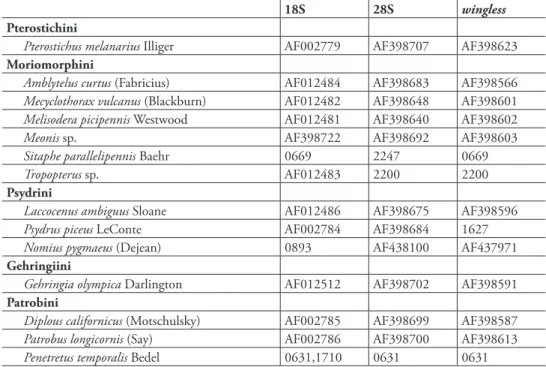 Table 1. Outgroup taxon sampling. Four-digit numbers in entries are D.R. Maddison voucher numbers; 