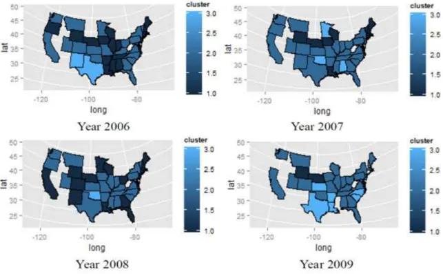 Figure 9. Clustering maps for private schools using quantiles in every single year 