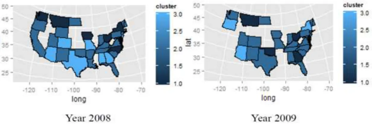 Figure 8. Clustering maps for public schools with out-of-state tuition using quantiles in every single year 