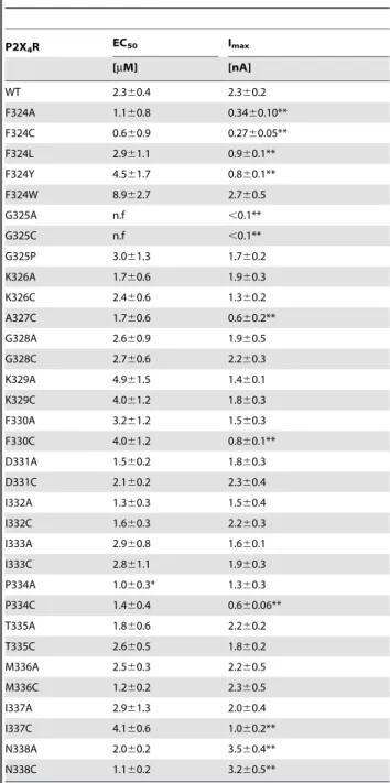 Table 2. Alanine- and cysteine-scanning mutagenesis of the F324–N338 rP2X4R segement. P2X 4 R EC 50 I max [mM] [nA] WT 2.360.4 2.360.2 F324A 1.160.8 0.3460.10** F324C 0.660.9 0.2760.05** F324L 2.961.1 0.960.1** F324Y 4.561.7 0.860.1** F324W 8.962.7 2.760.5