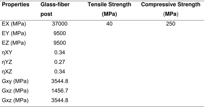 Table 2. Orthotropic properties, tensile Strength and Compressive Strength of  the glass-fiber post