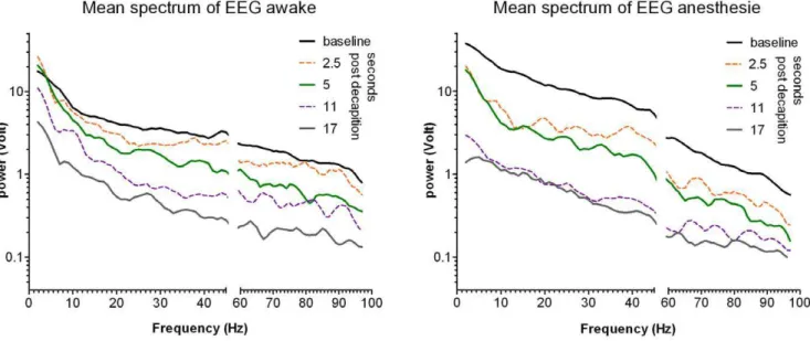 Figure 3b shows the power of the EEG in the band, between 13 and 100 Hz. The power in this band is recognized as expressing vigilance and the ability to experience sensory perceptions, including pain, whereas the lack of activity in this band is