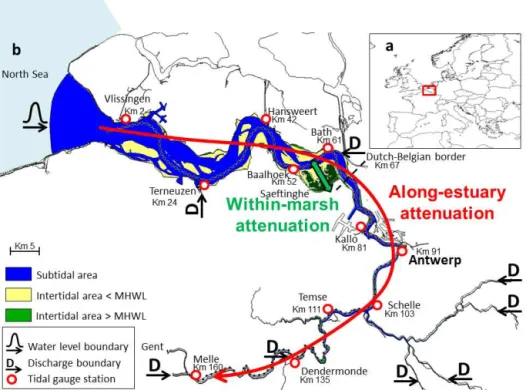 Figure 1. (a) Location of study area within Western Europe; (b) detail of location of the model domain, boundaries and main tidal gauge stations