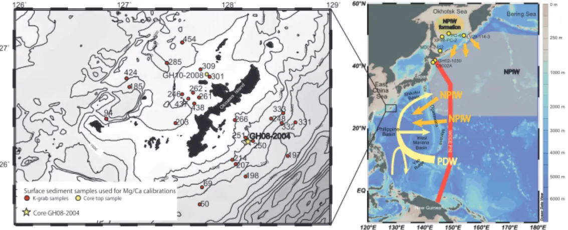 Figure 1. Map showing the locations of surface sediment samples and cores discussed in this study