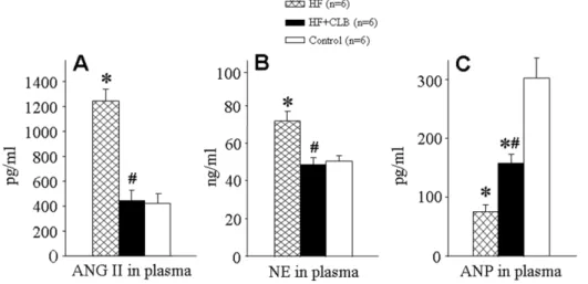 Figure 3. Effect of CLB on myocardial levels of ANG II and ANP in ADM-induced HF rats