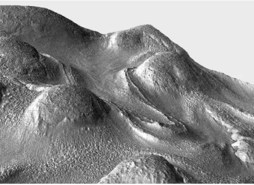 Figure 1. A 3-D image of a typical martian GLF (#948 in the inventory of Souness et al., 2012), which is ∼ 4 km long and ∼ 600 m in altitudinal range