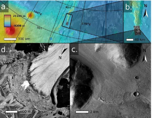 Figure 3. Case study illustrations of the former extent of martian GLF #146 showing back- back-ground MOLA elevation images (a and b), and a CTX image expansion (c)