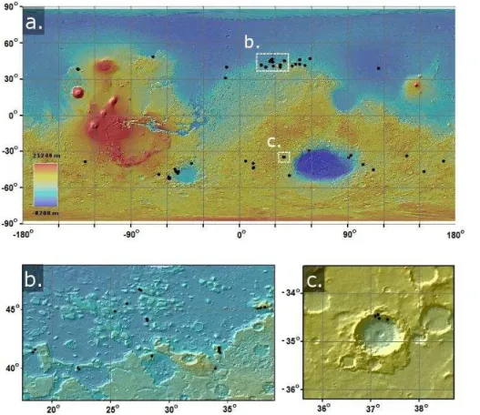 Figure 5. The distribution of crevassed GLFs on Mars (a), with expansions of case study GLF locations in Deuteronilus Mensae (b) and western Hellas Planitia (c).
