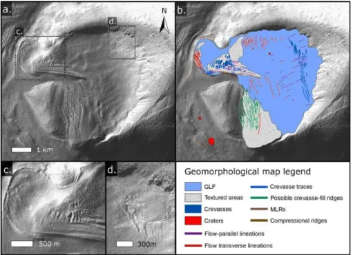 Figure 6. CTX image of crevassed GLF #1054, located in western Hellas (Fig. 5c) (a), along with its geomorphological interpretation (b) and expansions of two crevasse sets (c and d).